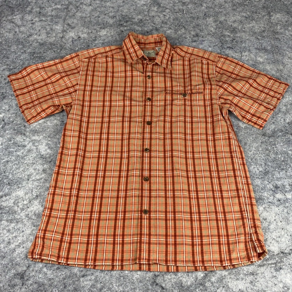 L.L. Bean Men's Size S Orange Plaid Flannel Short Sleeve Button-Up Shirt Fall